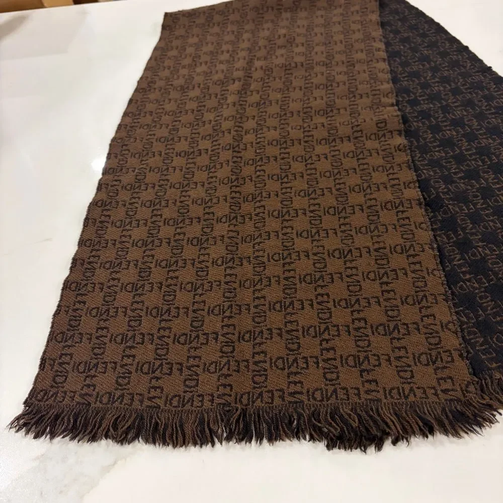 Fendi Zucca Monogram Vintage Wool Scarf -  Reversible Dark Brown and Black